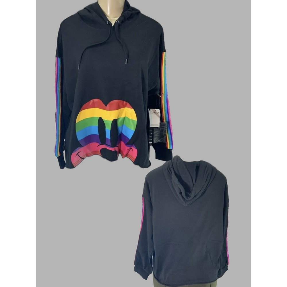 Disney L Black Mickey Mouse Rainbow Pride Graphic Hoodie Long Sleeve Semi-Crop